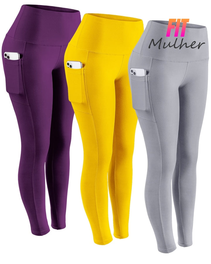 Legging Pocket (Compre 2 E Leve 3) Roxo / Amarelo Cinza 3Pcs P